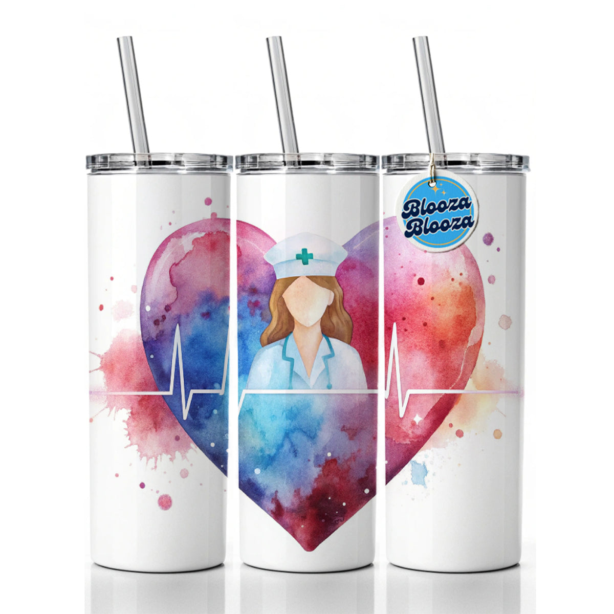 RN Nurse Life Pulse Heart Beat Watercolor Skinny Tumbler 20oz with Straw Insulated Water Bottle Gift