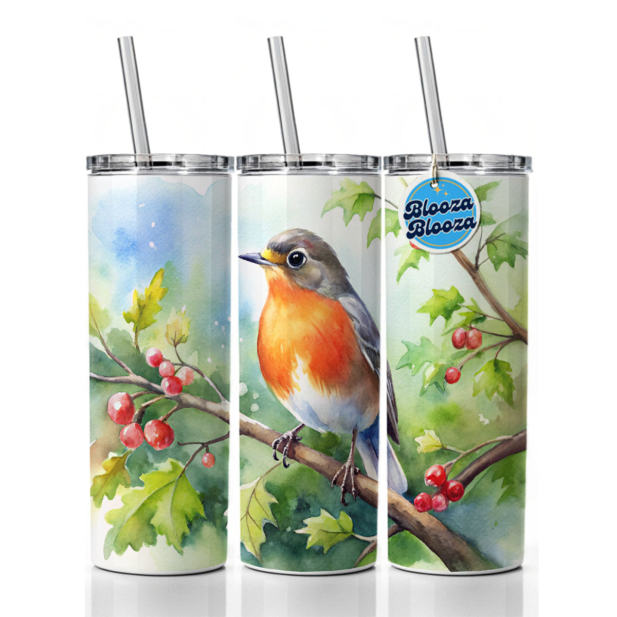 Robin In Tree Bird Watercolor Skinny Tumbler 20oz with Straw Insulated Water Bottle Gift