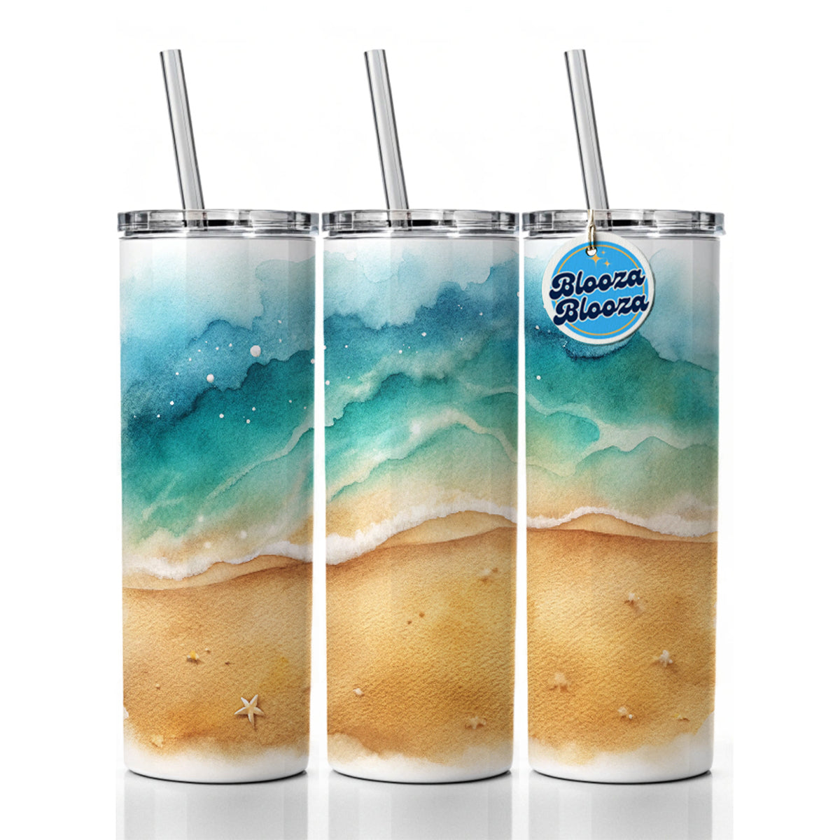 Sandy Tranquil Ocean Beach Skinny Tumbler 20oz with Straw Insulated Water Bottle Gift