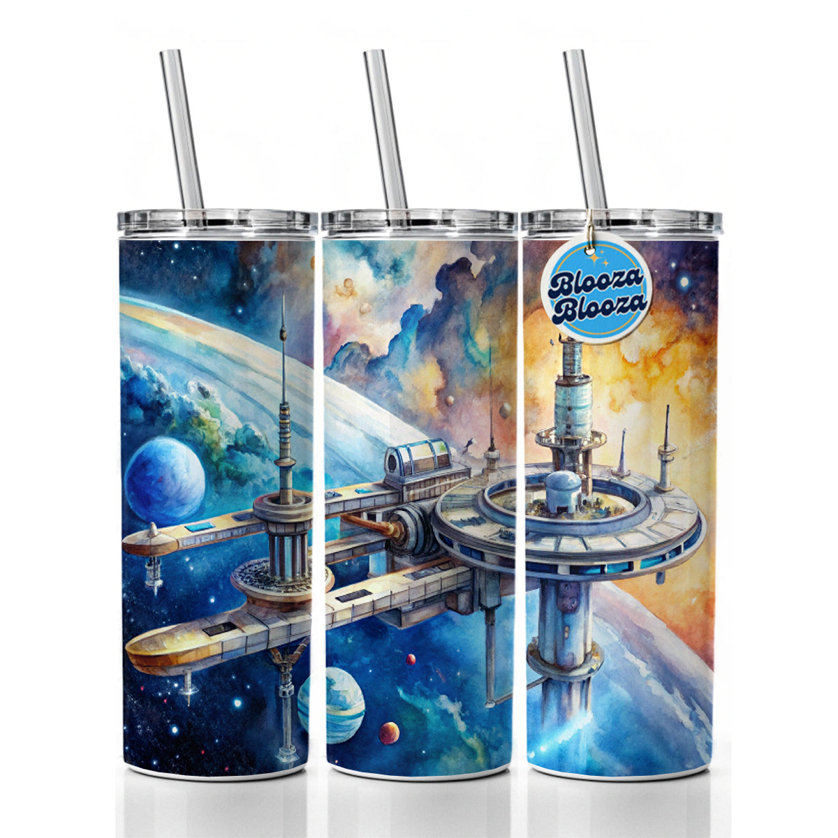 Sci-fi Space Station In Orbit Watercolor Skinny Tumbler 20oz with Straw Insulated Water Bottle Gift