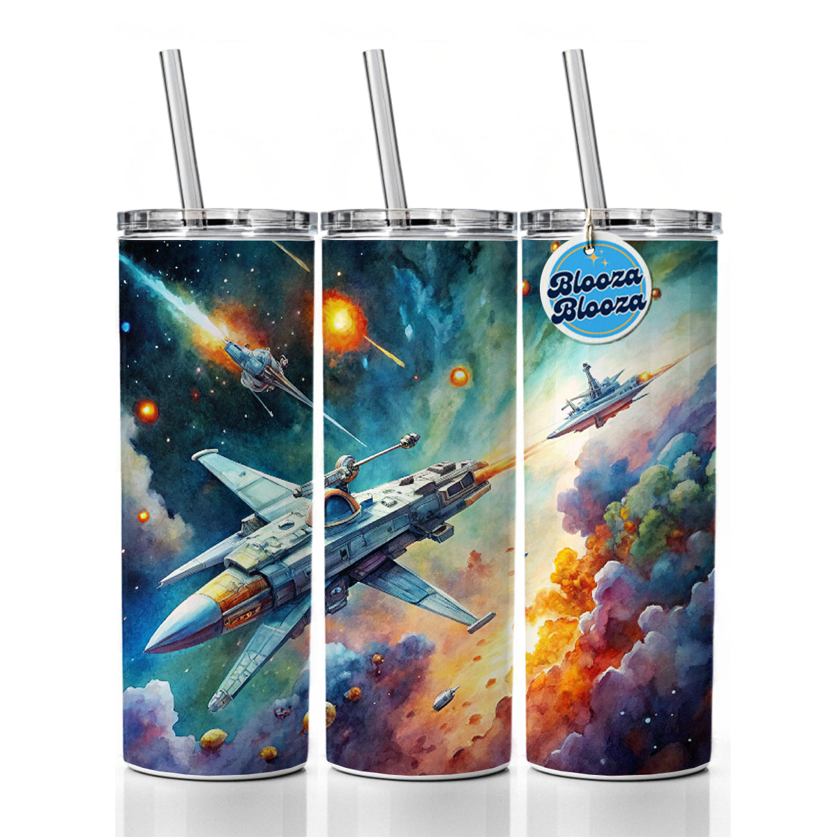 Sci-fi Spaceships Fighting In Space Watercolor Skinny Tumbler 20oz with Straw Insulated Water Bottle Gift