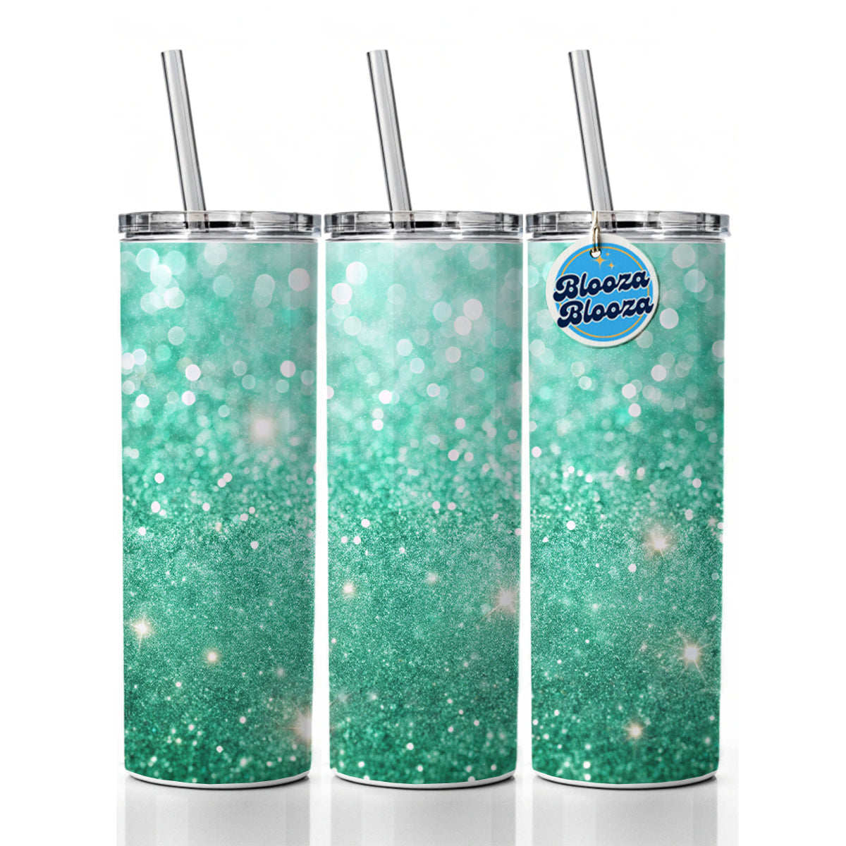 Sea Green Faux Glitter Skinny Tumbler 20oz with Straw Insulated Water Bottle Gift