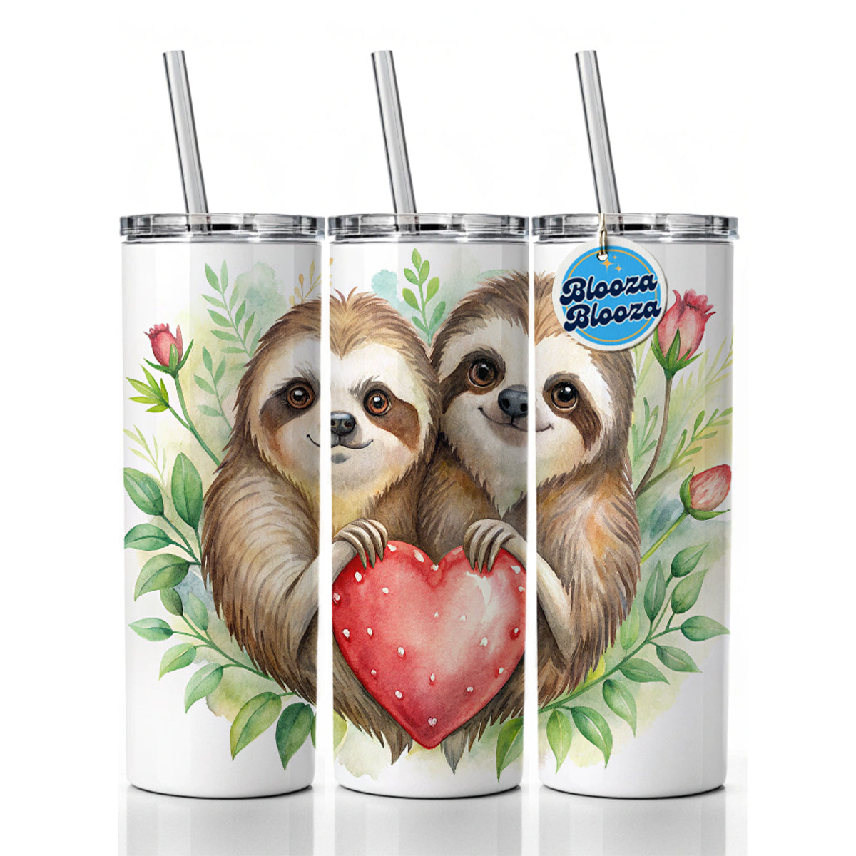 Sloths In Love Hearts Valentine's Day Skinny Tumbler 20oz with Straw Insulated Water Bottle Gift