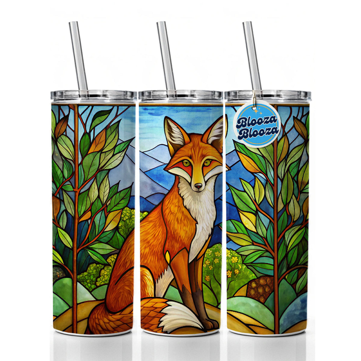 Stained Glass Fox Sitting Skinny Tumbler 20oz with Straw Insulated Water Bottle Gift