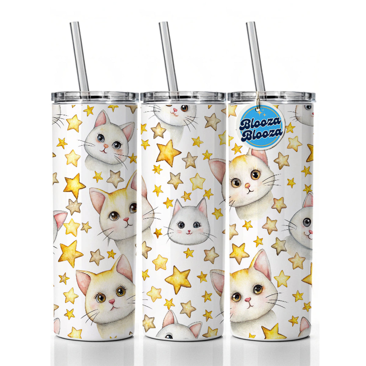 Sweet White Cats Yellow Stars Skinny Tumbler 20oz with Straw Insulated Water Bottle Gift