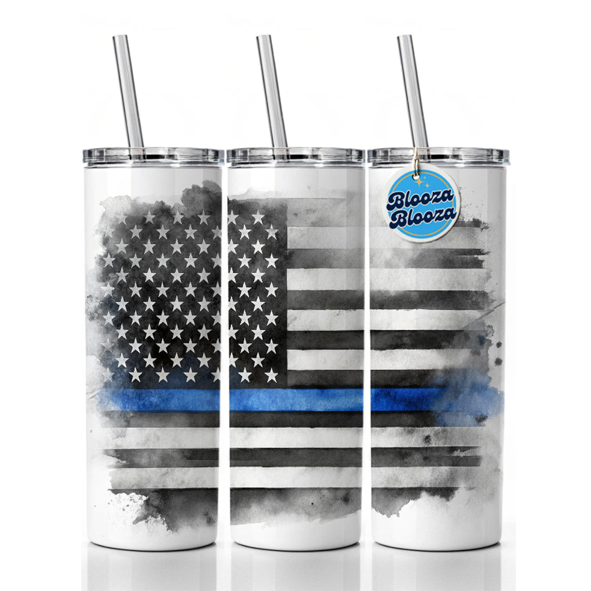 Thin Blue Line Black And White American Flag Support Policemen Police Skinny Tumbler 20oz with Straw Insulated Water Bottle Gift