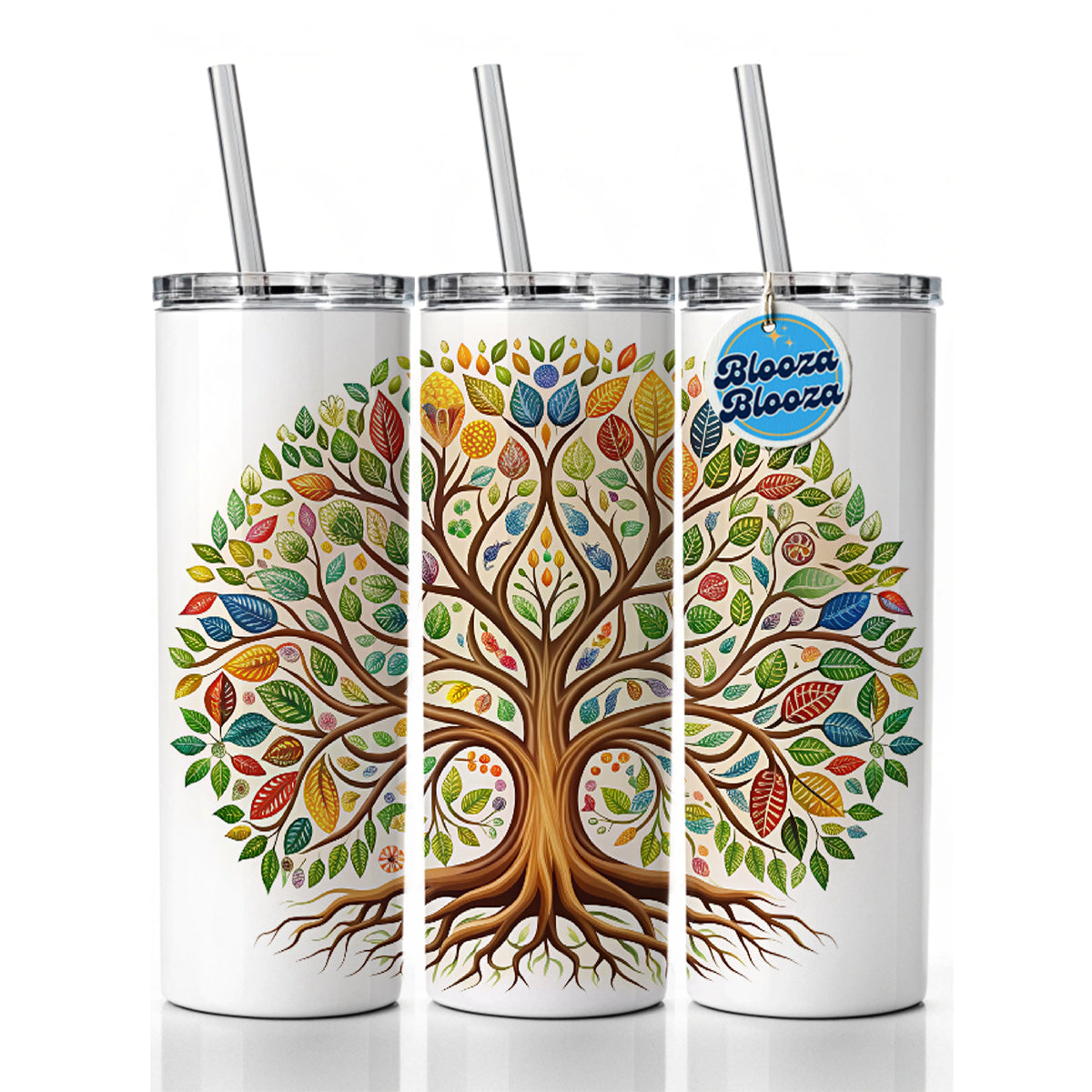 Tree Of Life Design With Multi-color Leaves Skinny Tumbler 20oz with Straw Insulated Water Bottle Gift