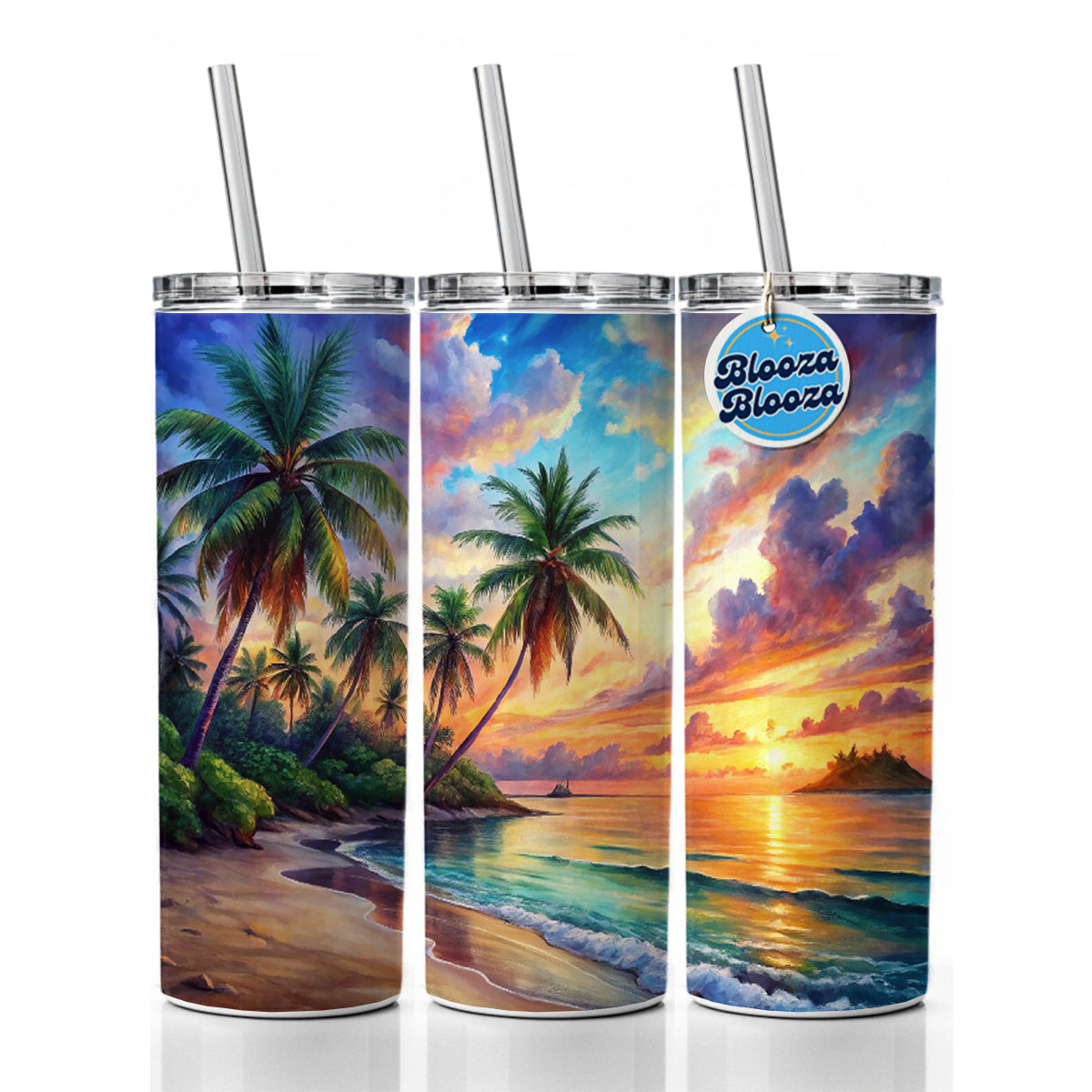 Tropical Beach At Sunset Watercolor Skinny Tumbler 20oz with Straw Insulated Water Bottle Gift