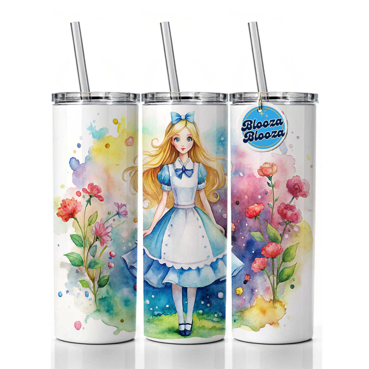 Alice In Wonderland Watercolor Skinny Tumbler 20oz with Straw Insulated Water Bottle Gift