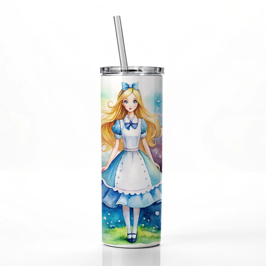 Alice In Wonderland Watercolor Skinny Tumbler 20oz with Straw Insulated Water Bottle Gift
