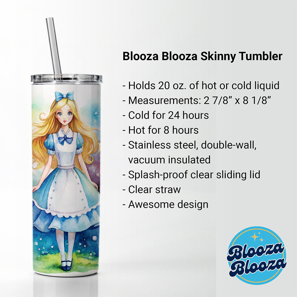 Alice In Wonderland Watercolor Skinny Tumbler 20oz with Straw Insulated Water Bottle Gift