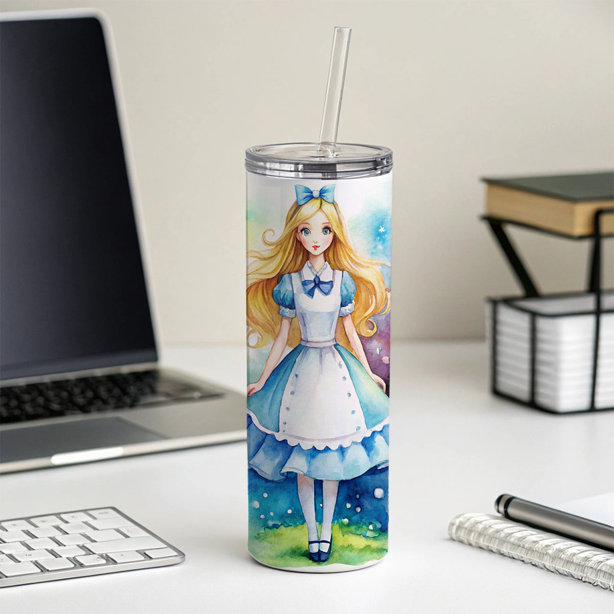 Alice In Wonderland Watercolor Skinny Tumbler 20oz with Straw Insulated Water Bottle Gift