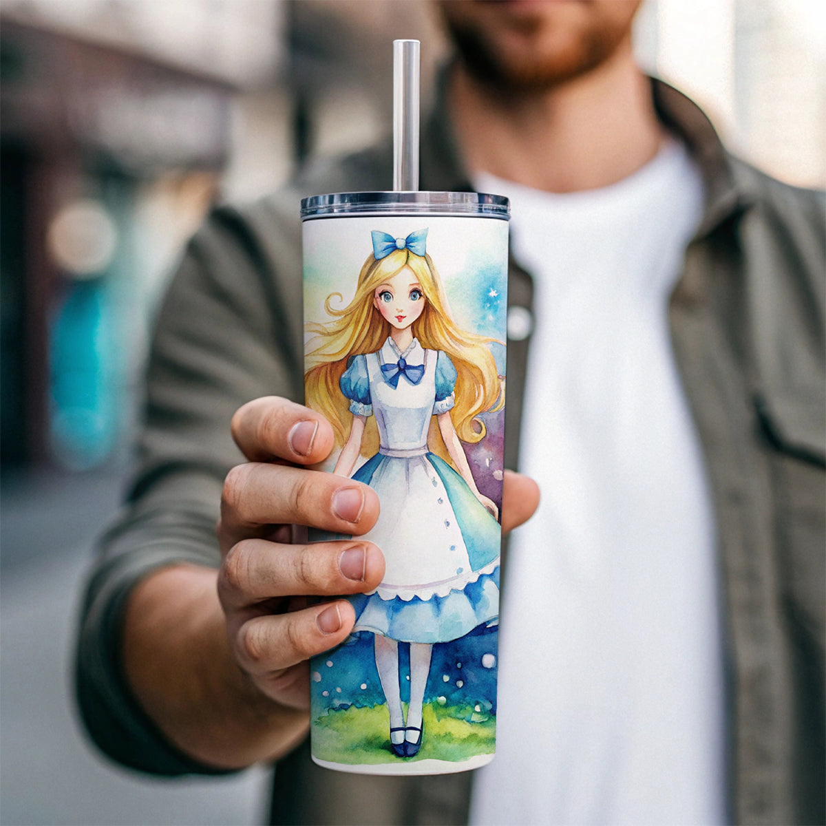 Alice In Wonderland Watercolor Skinny Tumbler 20oz with Straw Insulated Water Bottle Gift