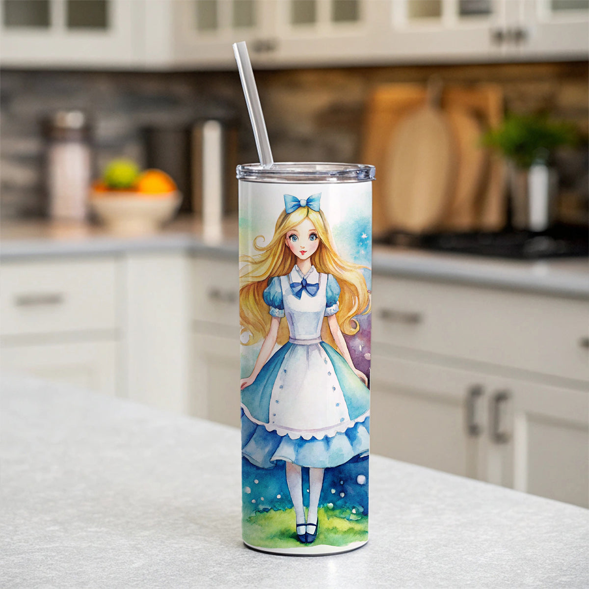Alice In Wonderland Watercolor Skinny Tumbler 20oz with Straw Insulated Water Bottle Gift