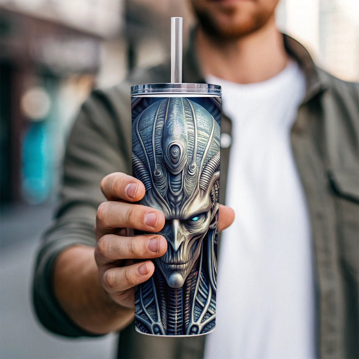 Alien Creature Creepy Horror Sci-Fi Skinny Tumbler 20oz with Straw Insulated Water Bottle Gift
