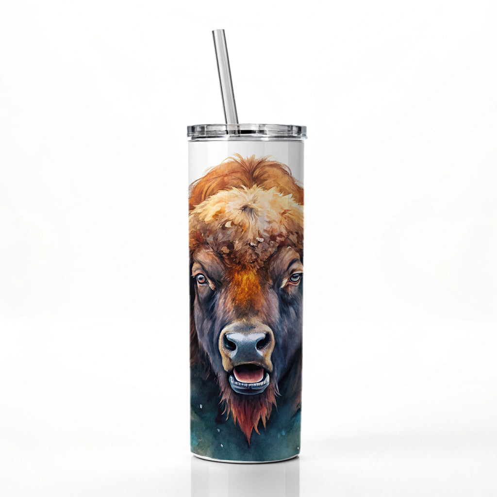 Angry American Bison Buffalo Watercolor Skinny Tumbler 20oz with Straw Insulated Water Bottle Gift