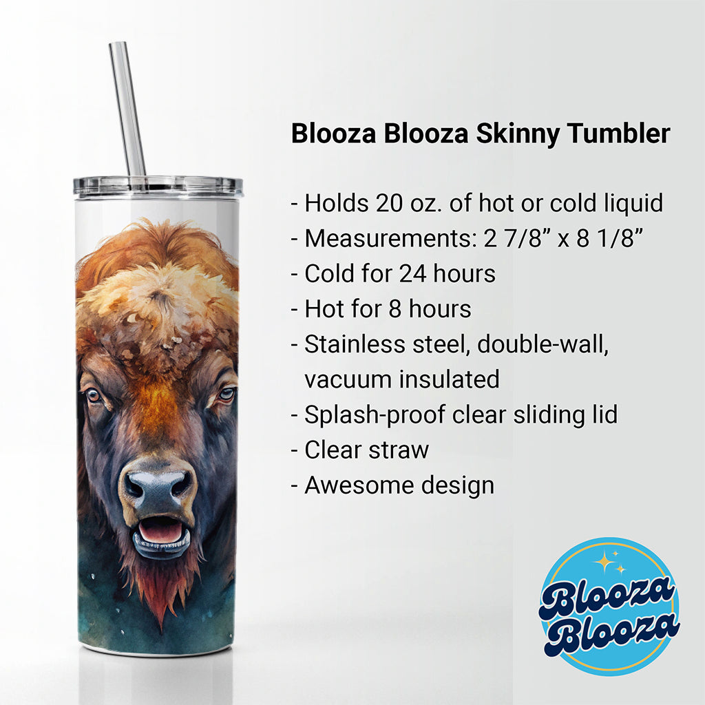 Angry American Bison Buffalo Watercolor Skinny Tumbler 20oz with Straw Insulated Water Bottle Gift