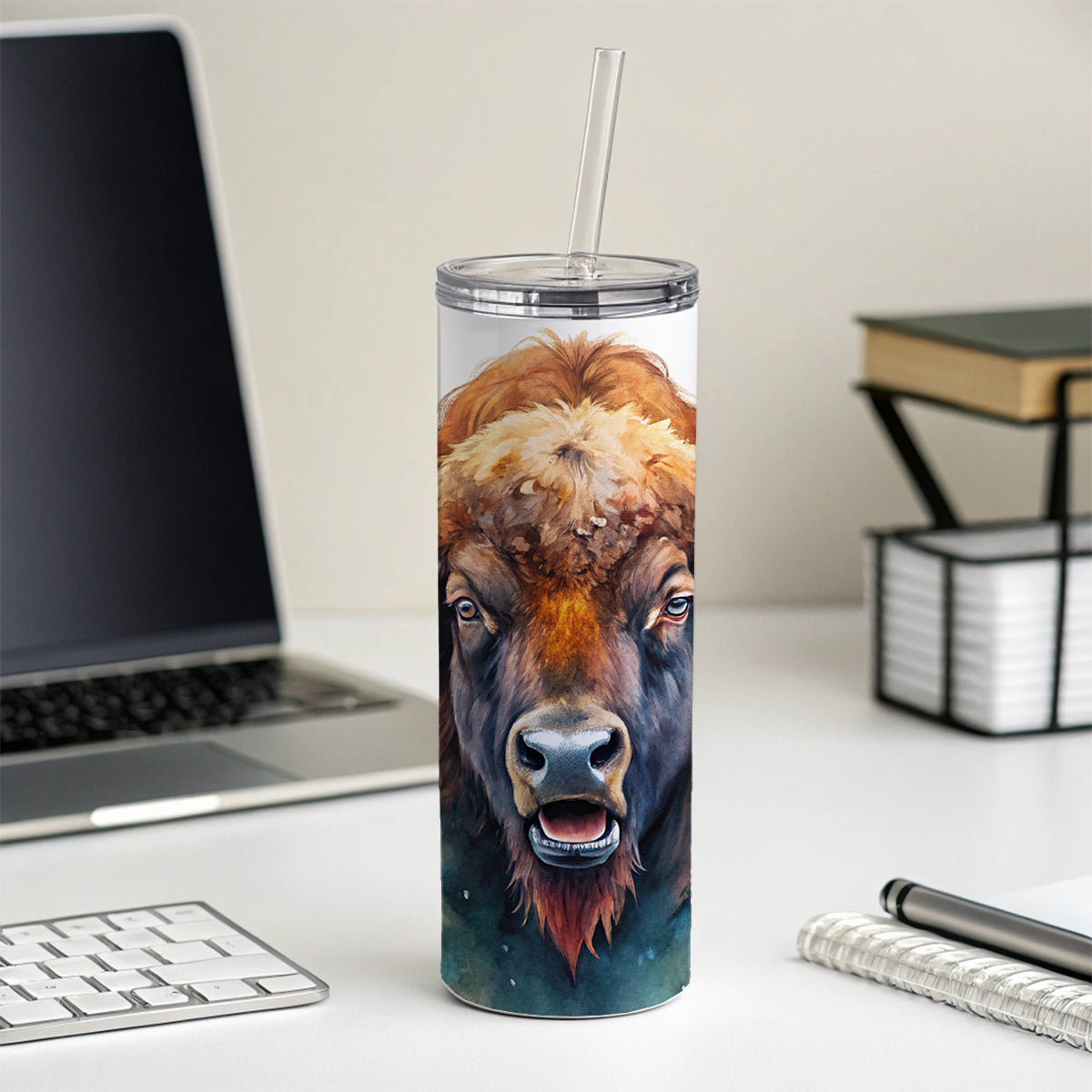 Angry American Bison Buffalo Watercolor Skinny Tumbler 20oz with Straw Insulated Water Bottle Gift