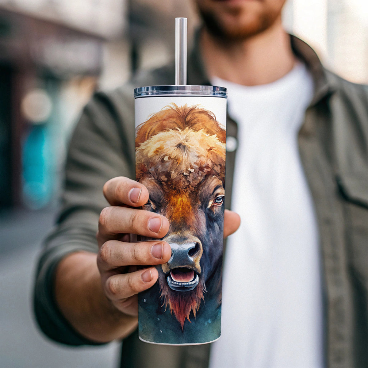 Angry American Bison Buffalo Watercolor Skinny Tumbler 20oz with Straw Insulated Water Bottle Gift