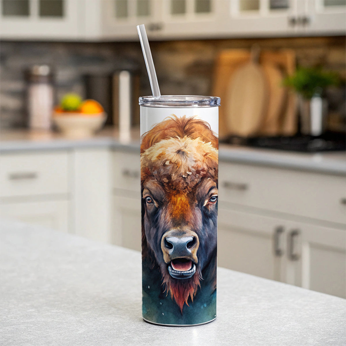 Angry American Bison Buffalo Watercolor Skinny Tumbler 20oz with Straw Insulated Water Bottle Gift