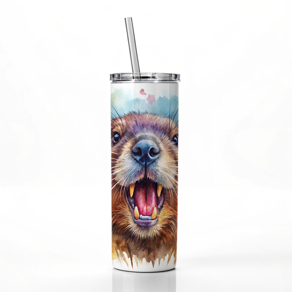 Angry Beaver Watercolor Skinny Tumbler 20oz with Straw Insulated Water Bottle Gift