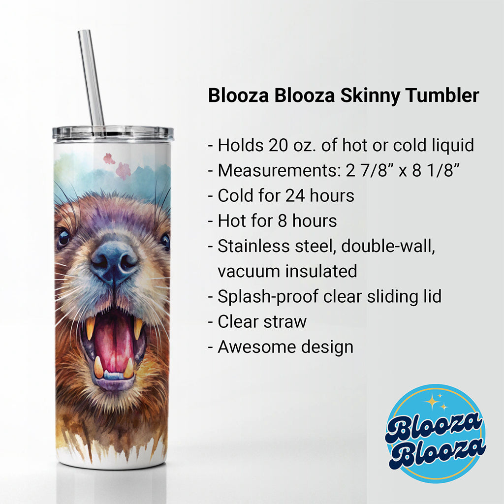 Angry Beaver Watercolor Skinny Tumbler 20oz with Straw Insulated Water Bottle Gift