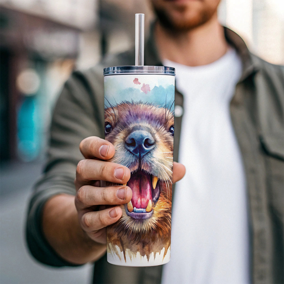 Angry Beaver Watercolor Skinny Tumbler 20oz with Straw Insulated Water Bottle Gift