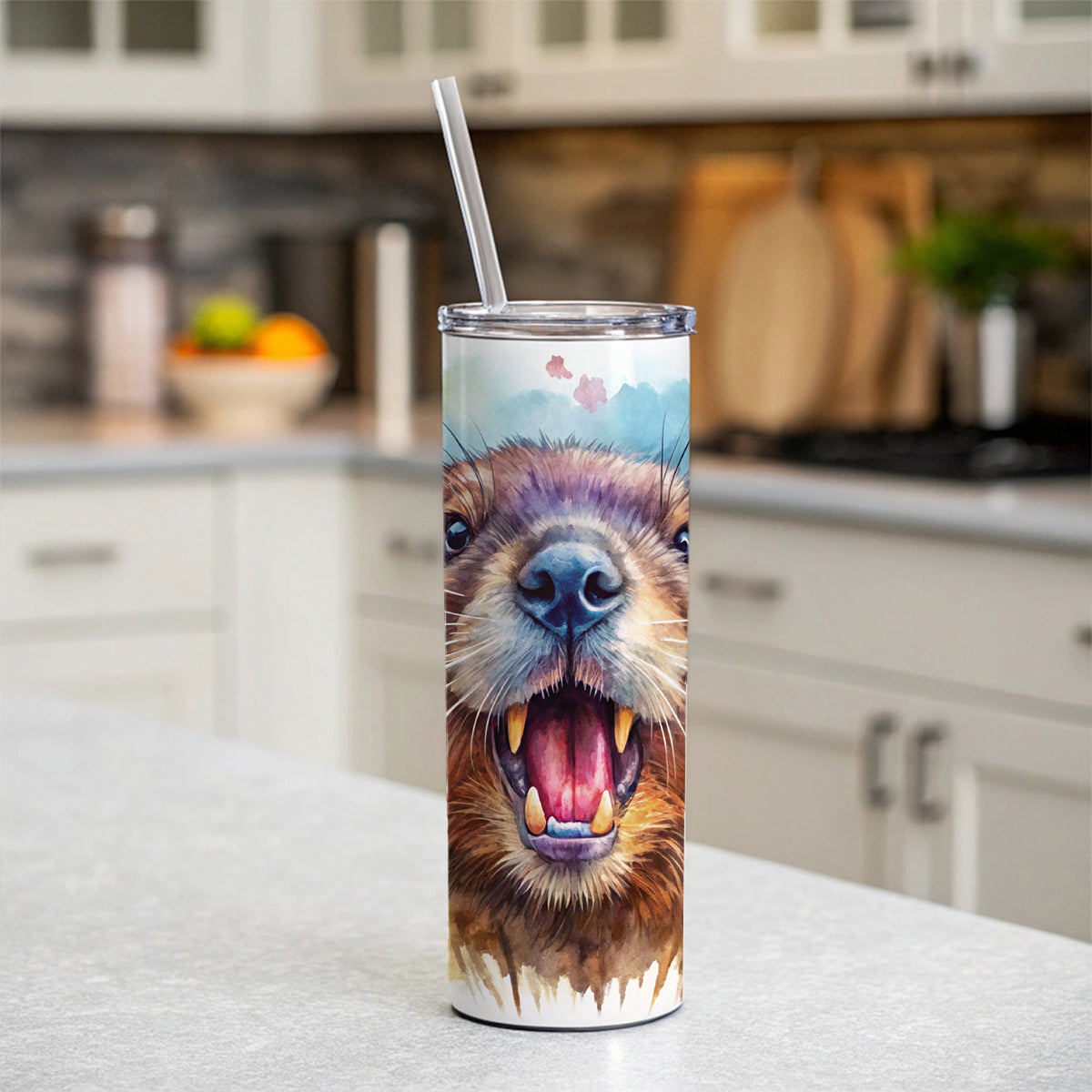 Angry Beaver Watercolor Skinny Tumbler 20oz with Straw Insulated Water Bottle Gift