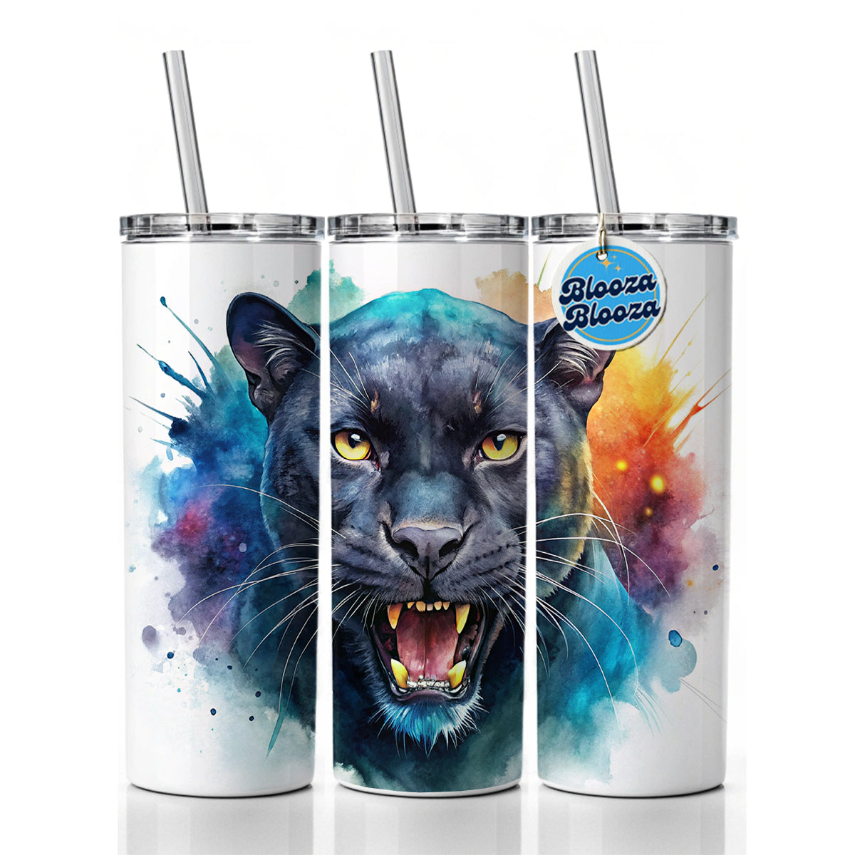 Angry Black Panther Watercolor Skinny Tumbler 20oz with Straw Insulated Water Bottle Gift