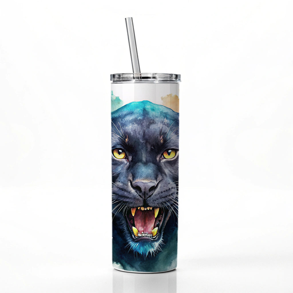 Angry Black Panther Watercolor Skinny Tumbler 20oz with Straw Insulated Water Bottle Gift