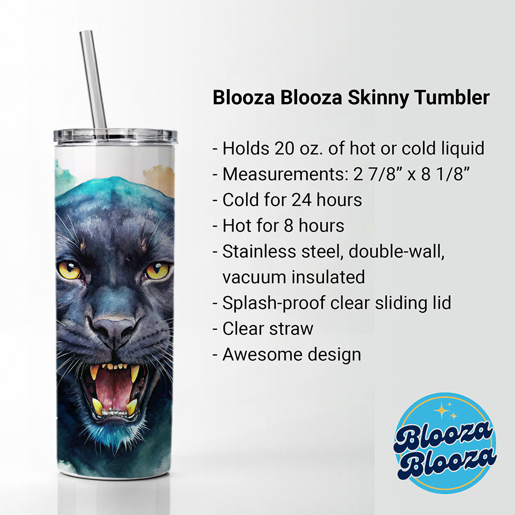 Angry Black Panther Watercolor Skinny Tumbler 20oz with Straw Insulated Water Bottle Gift
