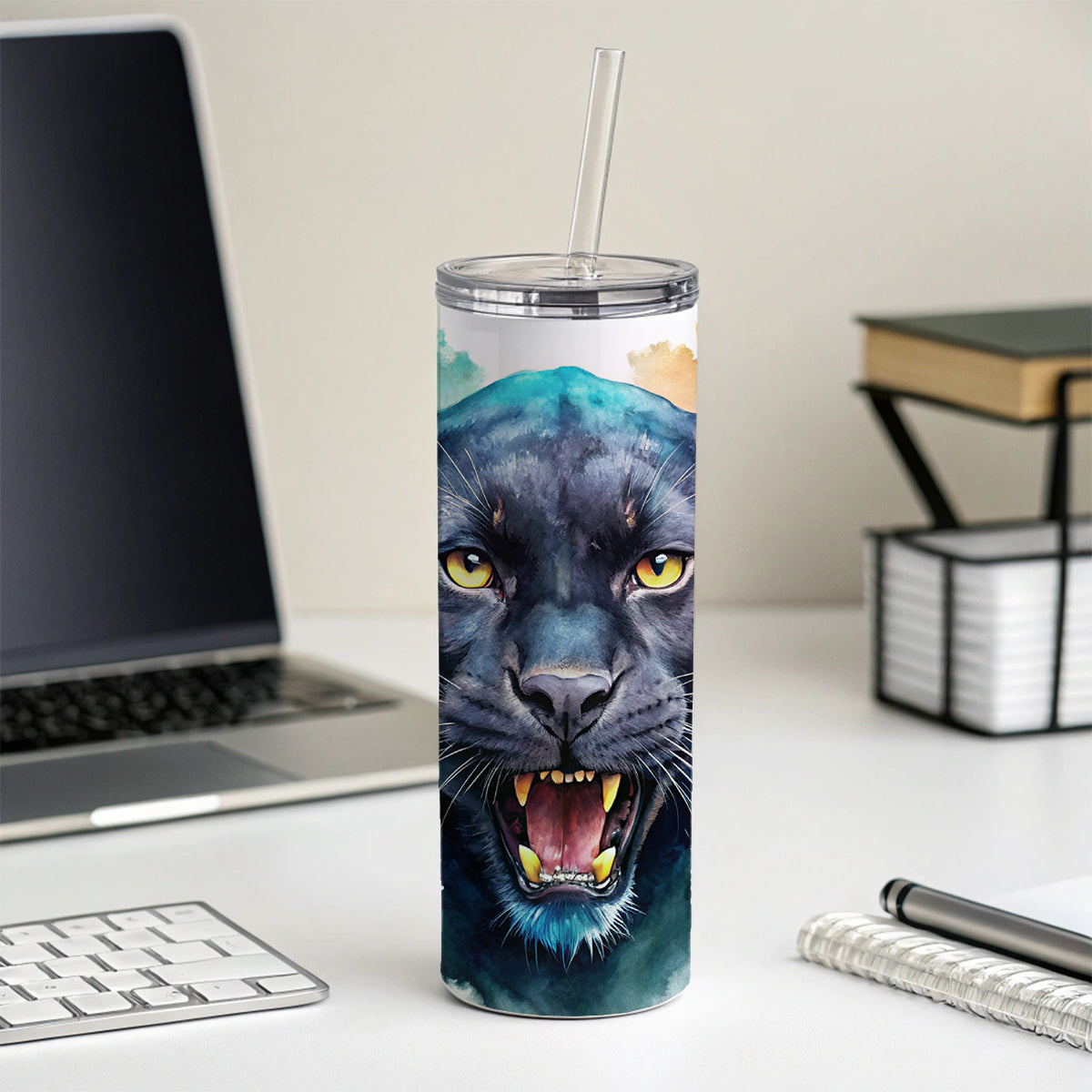 Angry Black Panther Watercolor Skinny Tumbler 20oz with Straw Insulated Water Bottle Gift