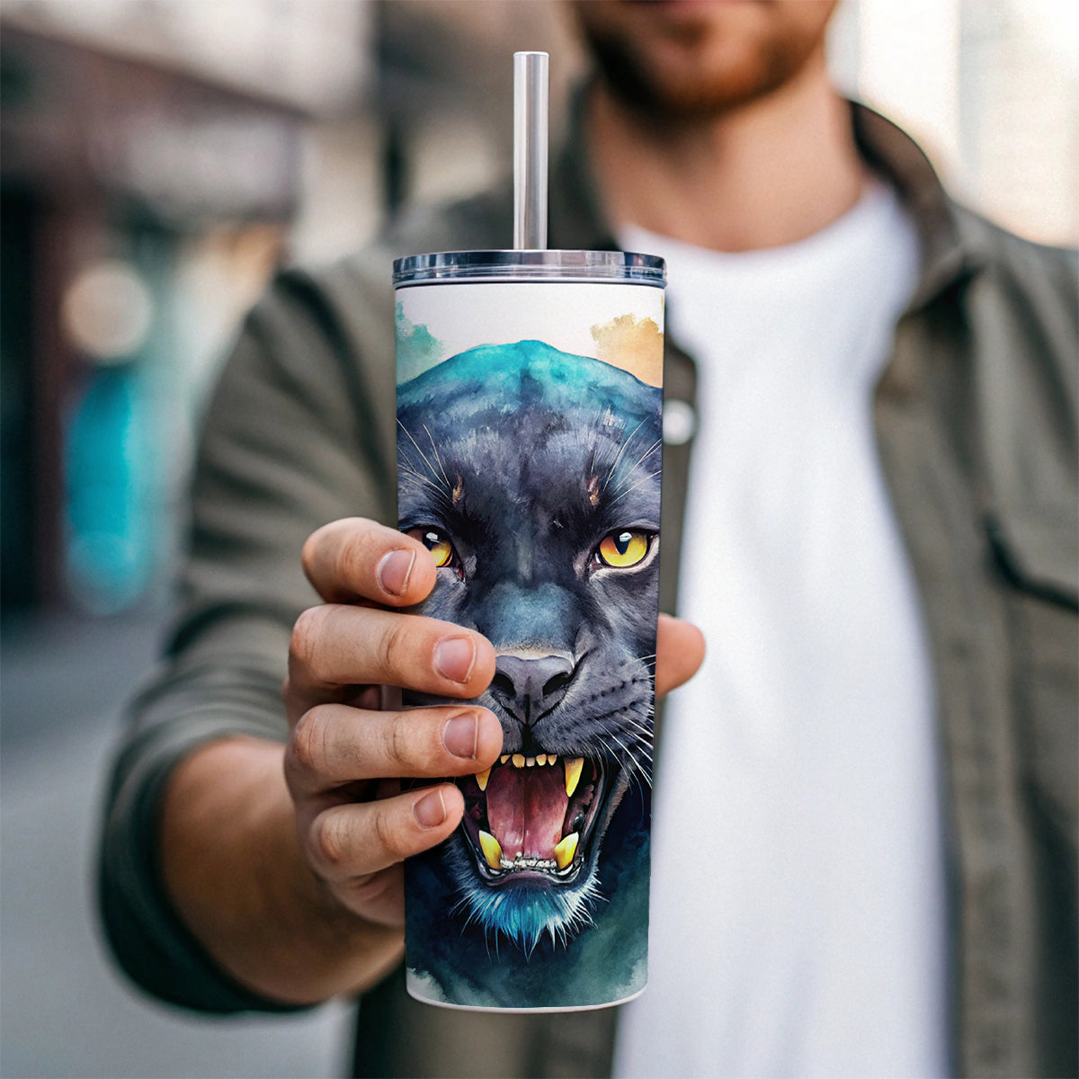 Angry Black Panther Watercolor Skinny Tumbler 20oz with Straw Insulated Water Bottle Gift