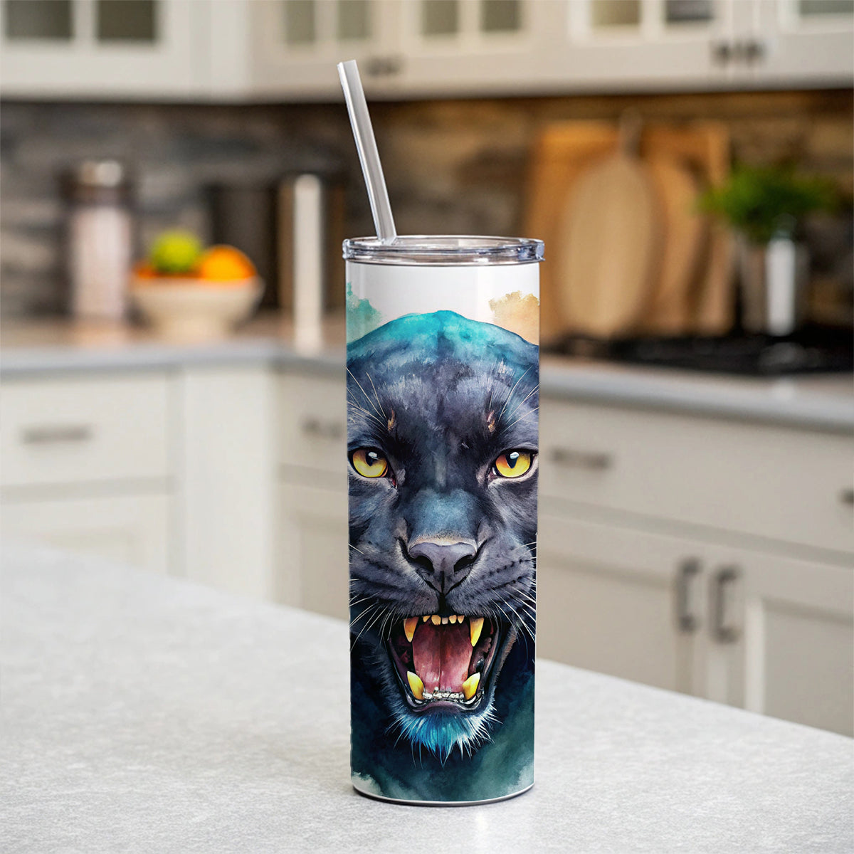 Angry Black Panther Watercolor Skinny Tumbler 20oz with Straw Insulated Water Bottle Gift