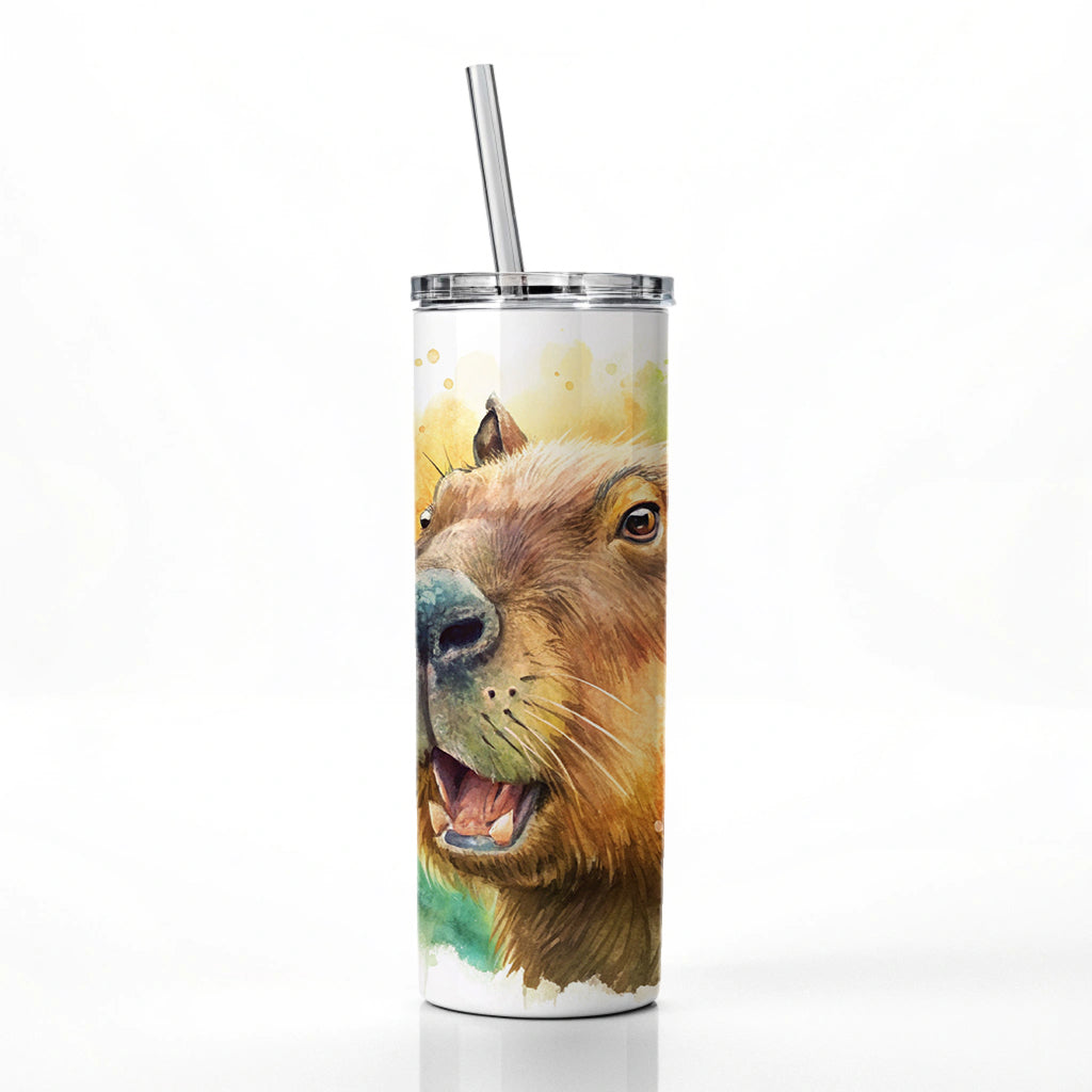 Angry Capybara Watercolor Skinny Tumbler 20oz with Straw Insulated Water Bottle Gift