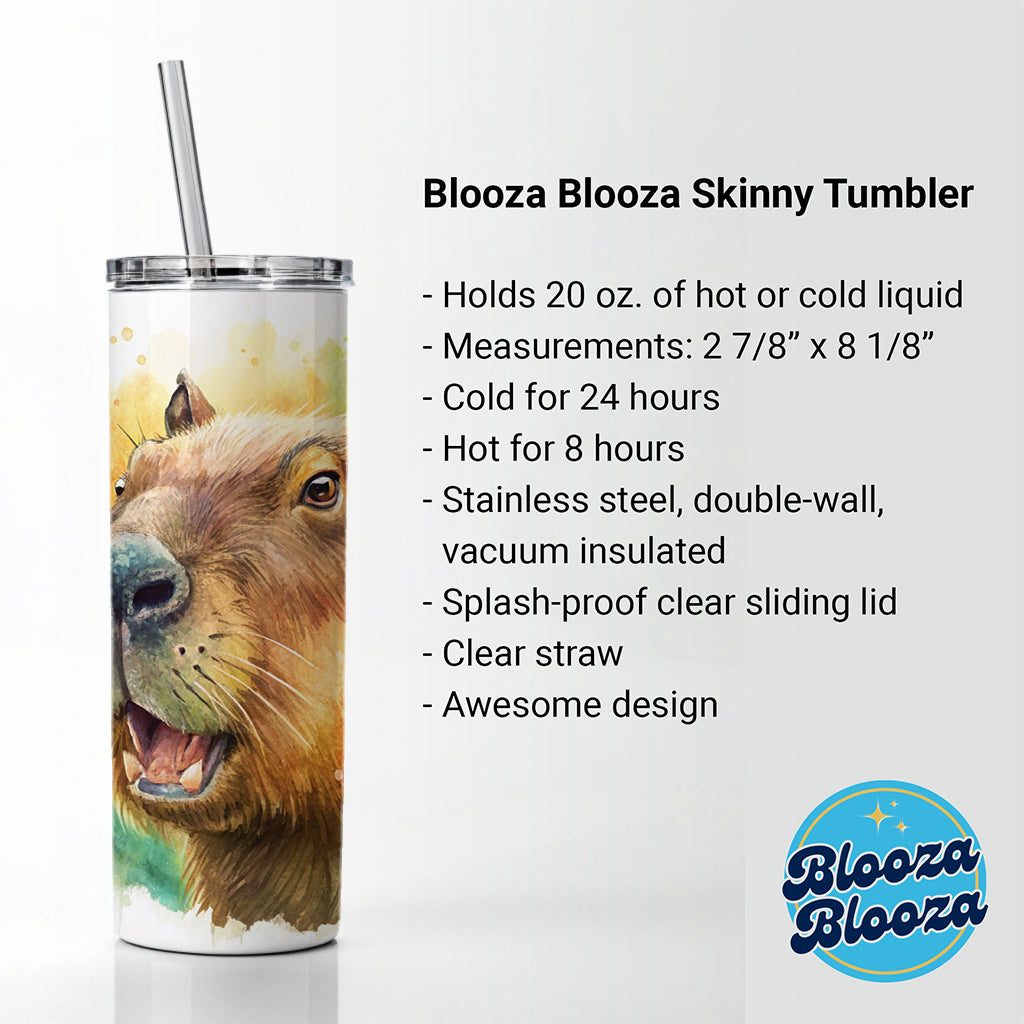 Angry Capybara Watercolor Skinny Tumbler 20oz with Straw Insulated Water Bottle Gift