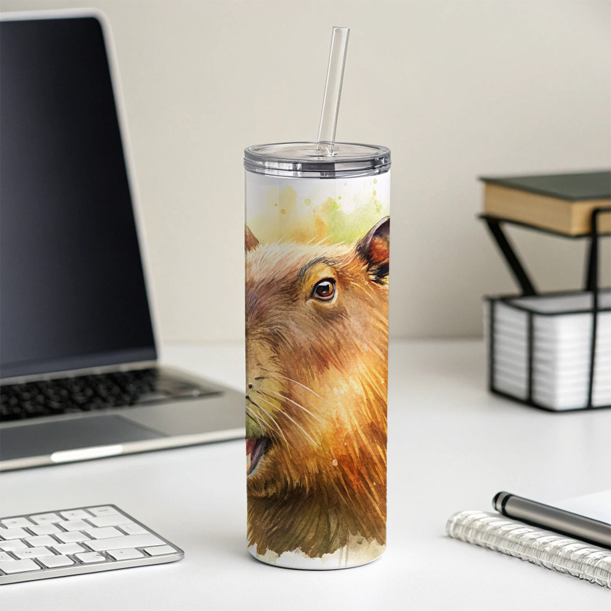 Angry Capybara Watercolor Skinny Tumbler 20oz with Straw Insulated Water Bottle Gift