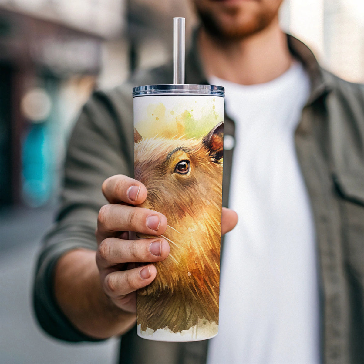 Angry Capybara Watercolor Skinny Tumbler 20oz with Straw Insulated Water Bottle Gift