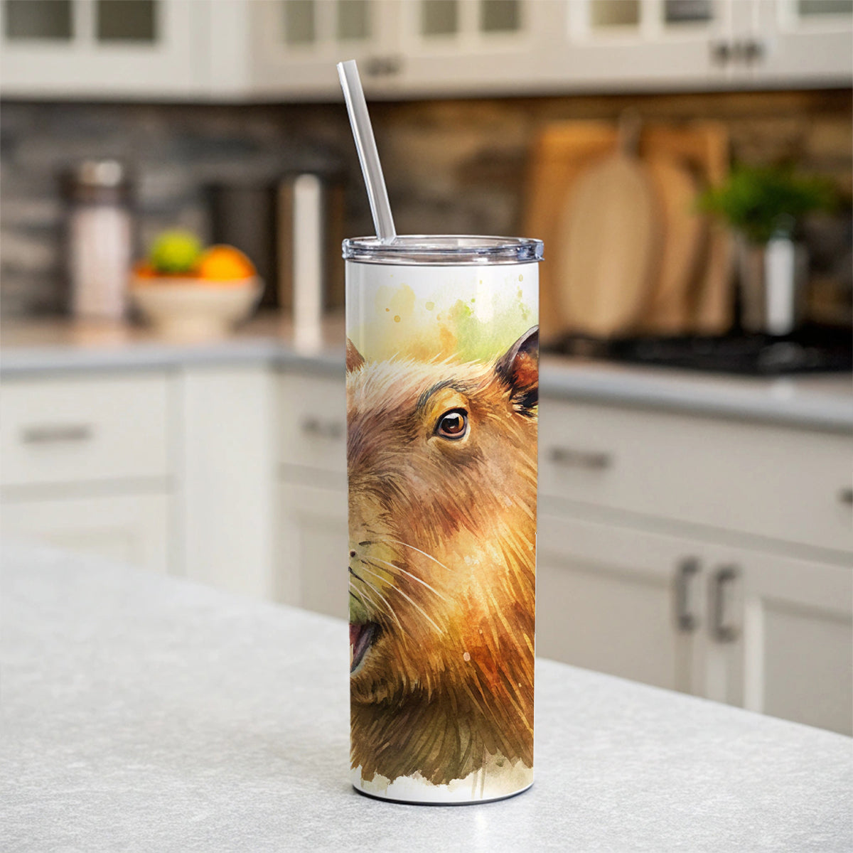 Angry Capybara Watercolor Skinny Tumbler 20oz with Straw Insulated Water Bottle Gift