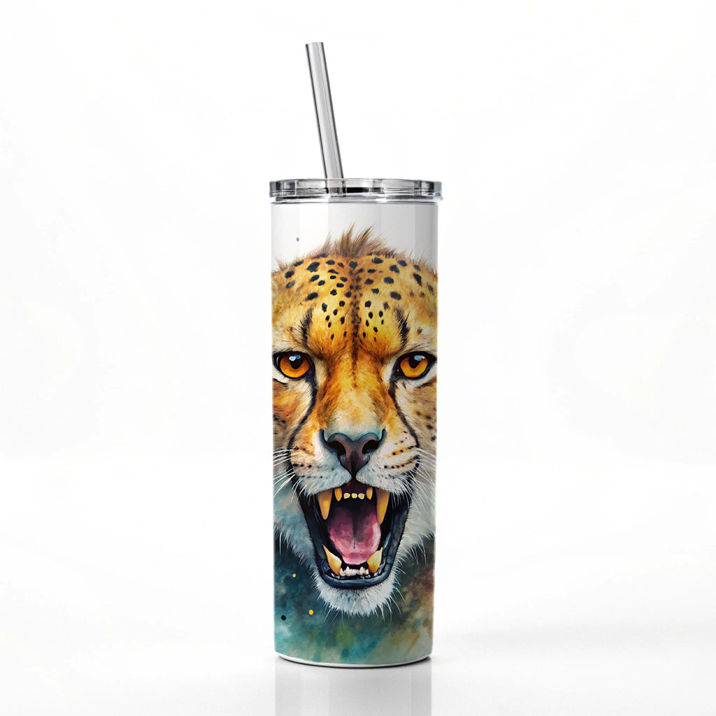 Angry Cheetah Watercolor Skinny Tumbler 20oz with Straw Insulated Water Bottle Gift