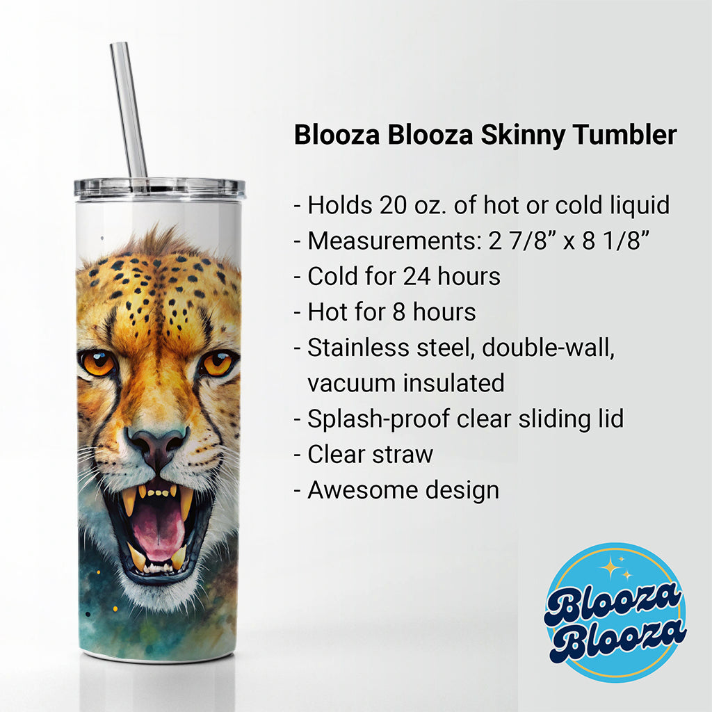 Angry Cheetah Watercolor Skinny Tumbler 20oz with Straw Insulated Water Bottle Gift