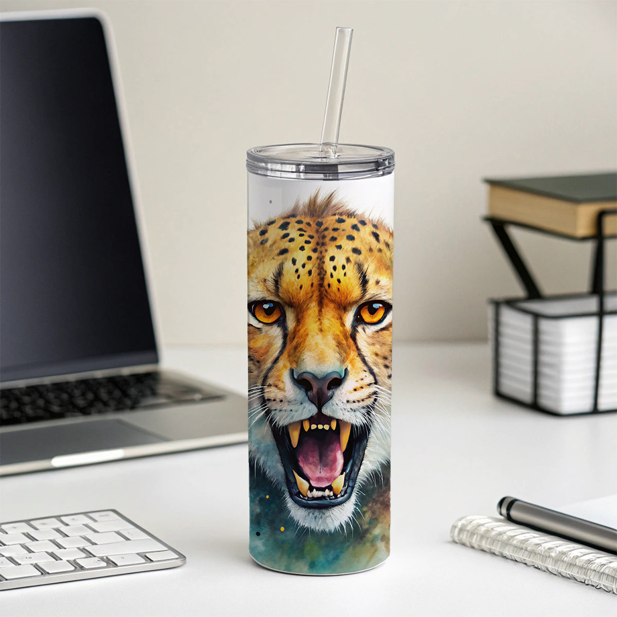 Angry Cheetah Watercolor Skinny Tumbler 20oz with Straw Insulated Water Bottle Gift