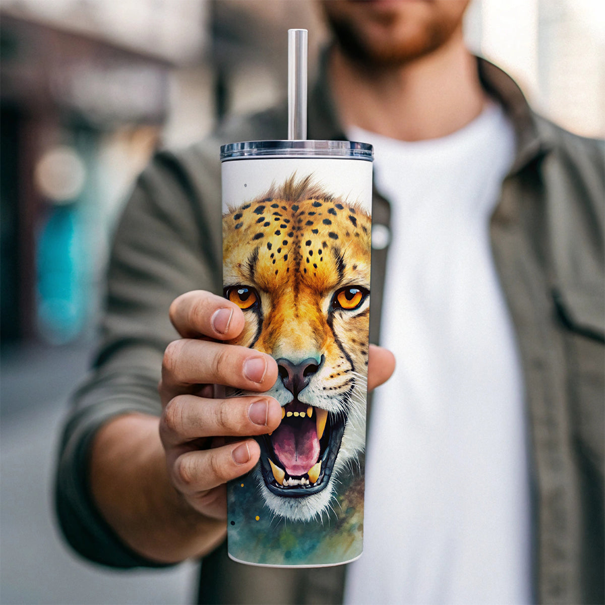 Angry Cheetah Watercolor Skinny Tumbler 20oz with Straw Insulated Water Bottle Gift