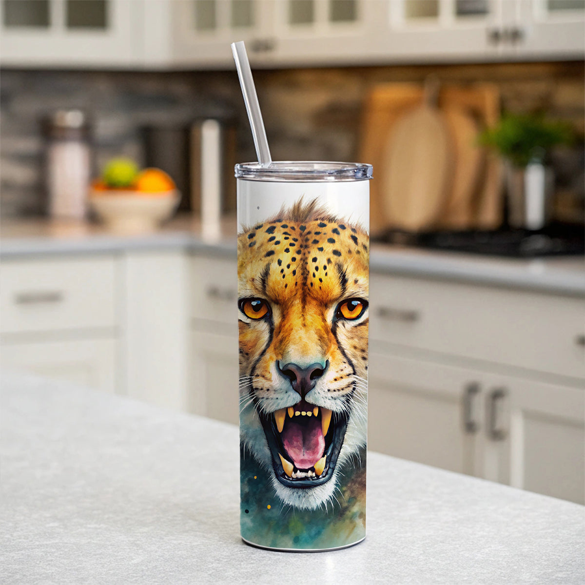 Angry Cheetah Watercolor Skinny Tumbler 20oz with Straw Insulated Water Bottle Gift