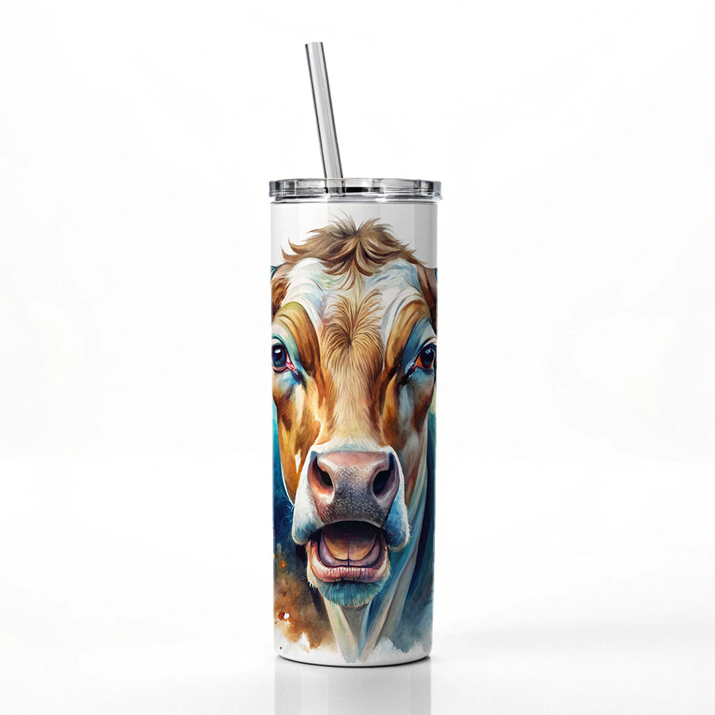 Angry Cow Watercolor Skinny Tumbler 20oz with Straw Insulated Water Bottle Gift