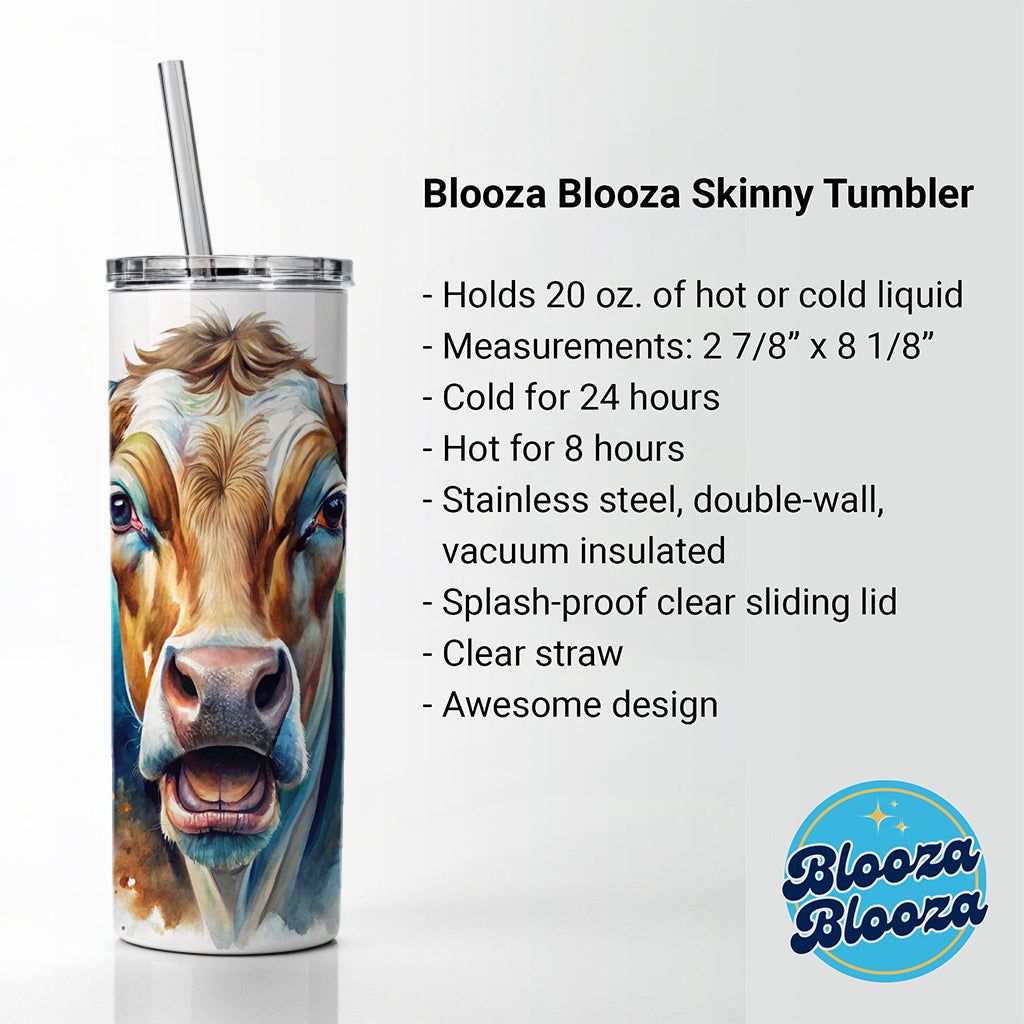 Angry Cow Watercolor Skinny Tumbler 20oz with Straw Insulated Water Bottle Gift