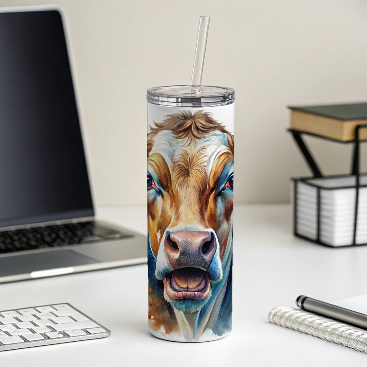 Angry Cow Watercolor Skinny Tumbler 20oz with Straw Insulated Water Bottle Gift