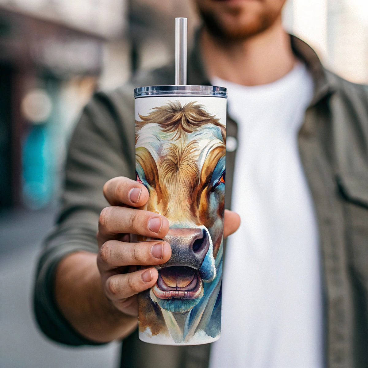 Angry Cow Watercolor Skinny Tumbler 20oz with Straw Insulated Water Bottle Gift