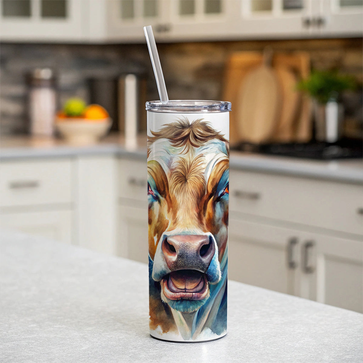 Angry Cow Watercolor Skinny Tumbler 20oz with Straw Insulated Water Bottle Gift