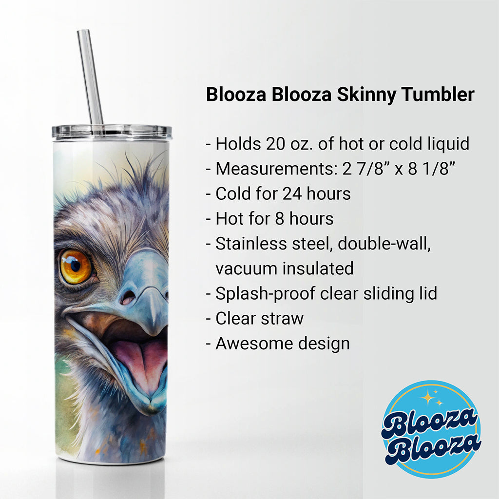 Angry Emu Watercolor Skinny Tumbler 20oz with Straw Insulated Water Bottle Gift